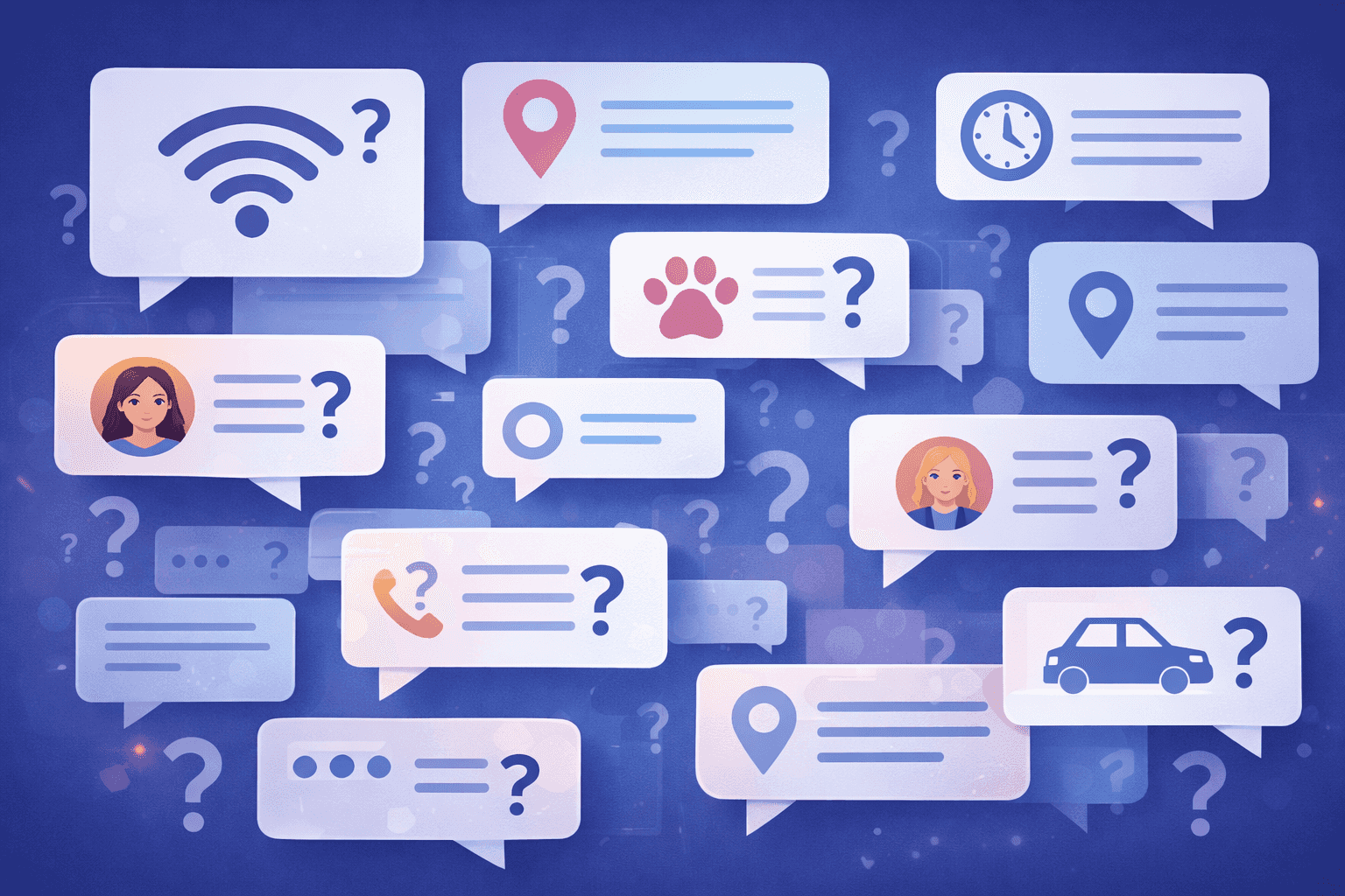 Abstract tech-style illustration showing a screen filled with overlapping chat bubbles on a solid blue background, each bubble representing repeated guest questions like WiFi, parking, check-in time, and pet policies, with simple icons and question marks and no people or text.